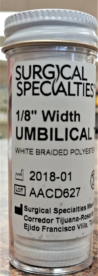 SURGICAL SPECIALTIES Umbilical Tape 1/8" Suture Braided Polyester Soft & Strong 20 Yard