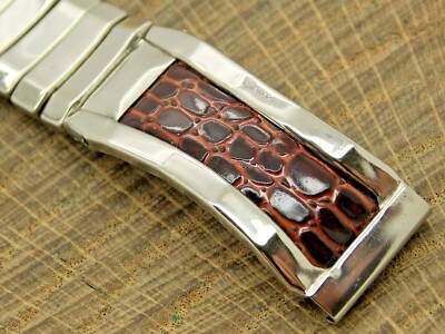 NOS Unused Vintage Globe 16mm Expansion Stainless & Faux Crocodile Watch Band