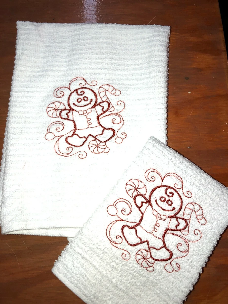 Embroidered White Kitchen Hand Towel and Cloth Christmas Gingerbread Man  Doodle