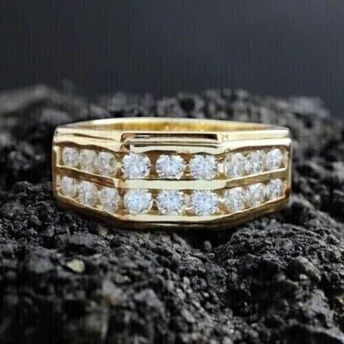 Men Wedding Band Ring 2.02 Ct Round Cut Simulated Diamond 925 Silver Gold Finish-image
