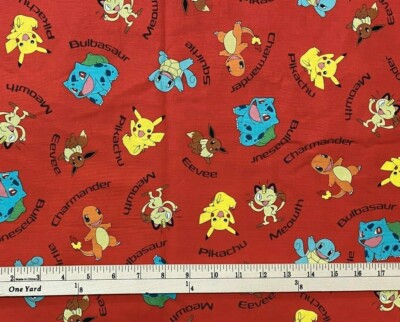 Pokemon Pikachu and Friends by the HALF YARD 18  x 44  100% Cotton Fabric Red