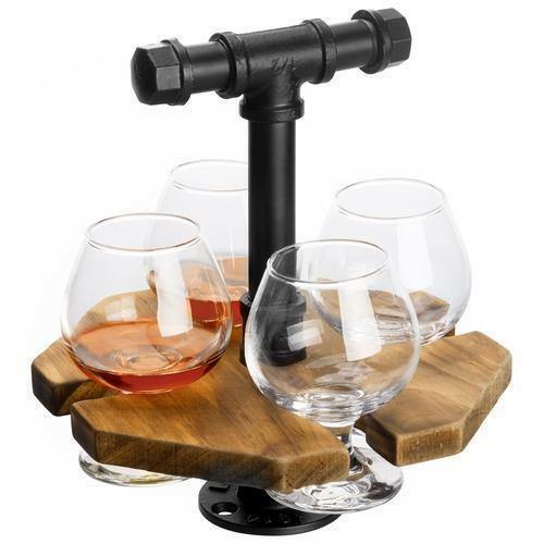 Industrial Metal Pipe & Rustic Burnt Wood Beer/Whiskey Flight Set with 4 Glasses - Picture 6 of 7