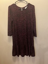 Loft Maroon Paisley Dress Midi XS Keyhole Back Longsleeve