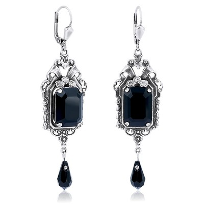 Jugendstil Ohrringe Mit Kristall – Antik Versilbert, 3,7 Cm, Von NOBEL SCHMUCK, Made In Germany