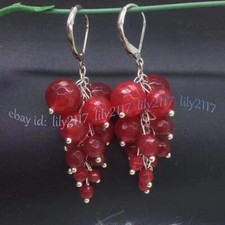 Natural Red Jade Faceted Gemstone Round Beads Cluster Grape Dangle Earrings