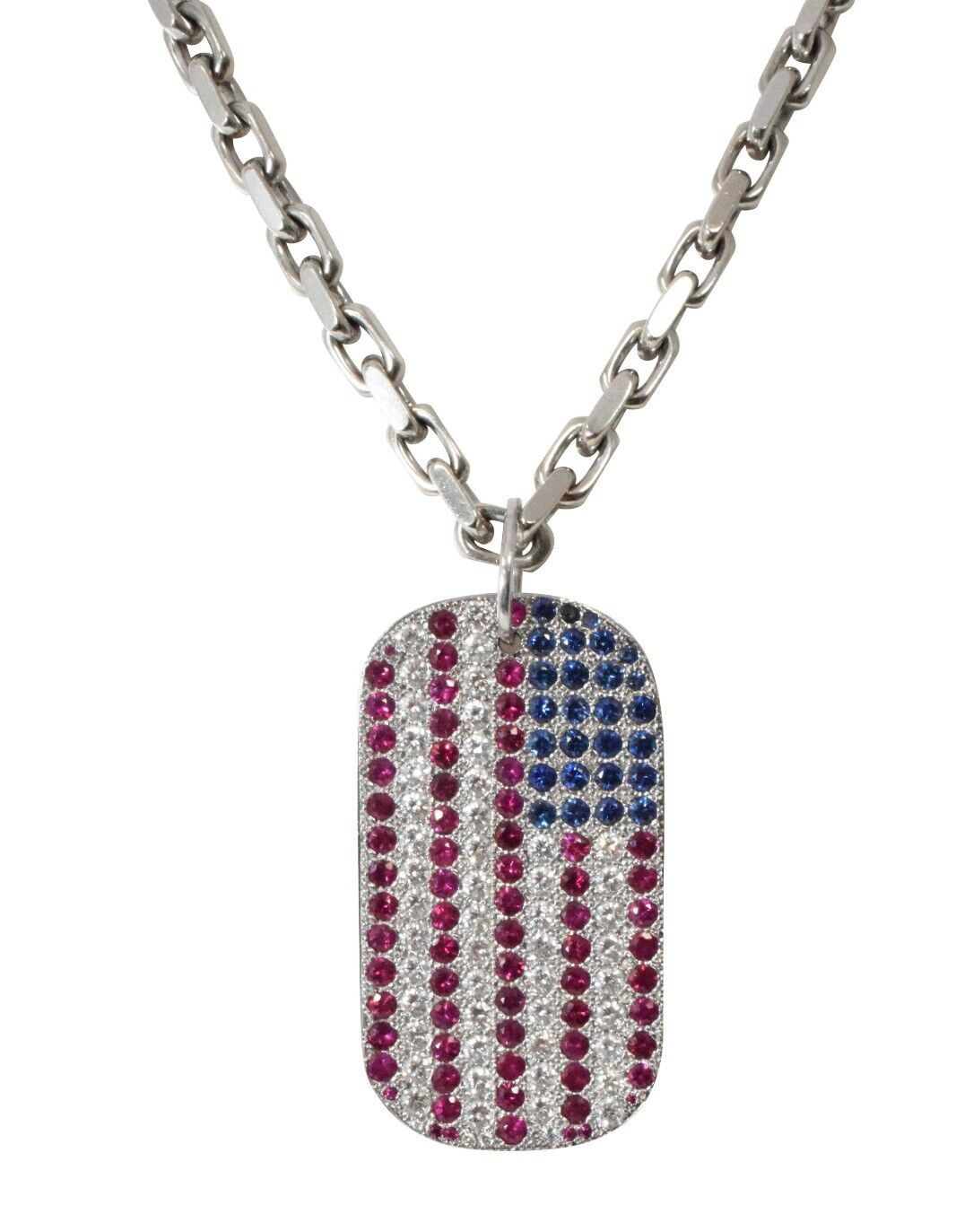 Men's Necklace 18k WG Dog Tag w/Diamonds Blue Sapphir… Gem