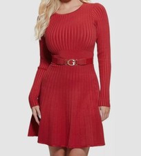 Guess Women's Red Logo-Belt Fit & Flare Sweater Dress Size L