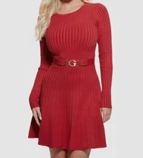 Guess Women's Red Logo-Belt Fit & Flare Sweater Dress Size L