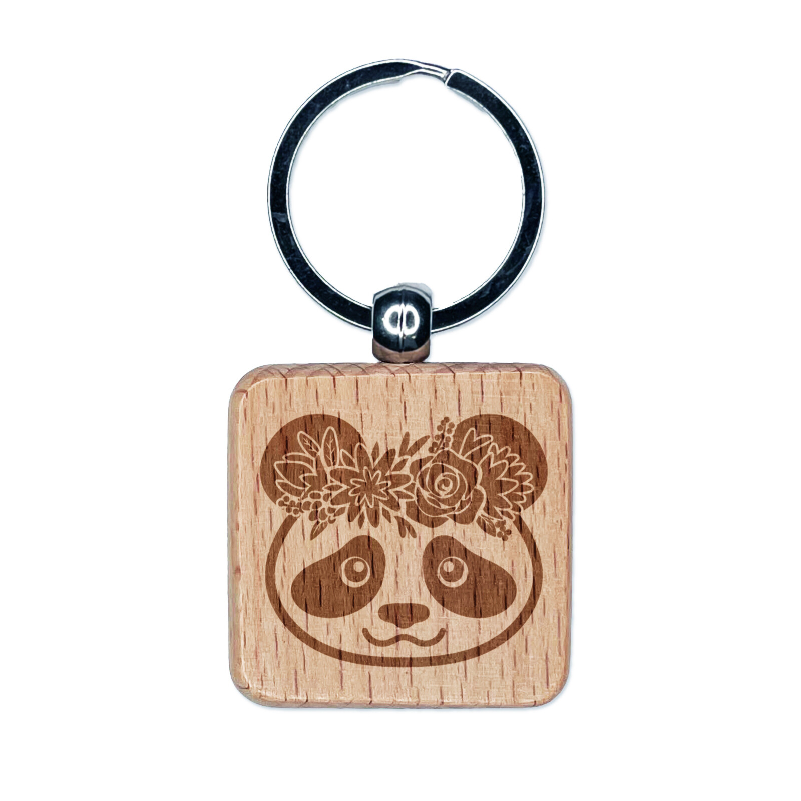 Panda Flower Crown Engraved Wooden Square Keychain Charm  