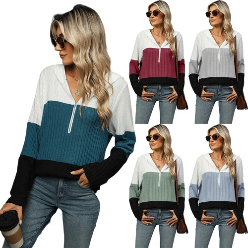Langarm-Strickpullover Oberteil V-Ausschnitt lässig locker Kapuzenpullover für Damen UK - Bild 1 von 17