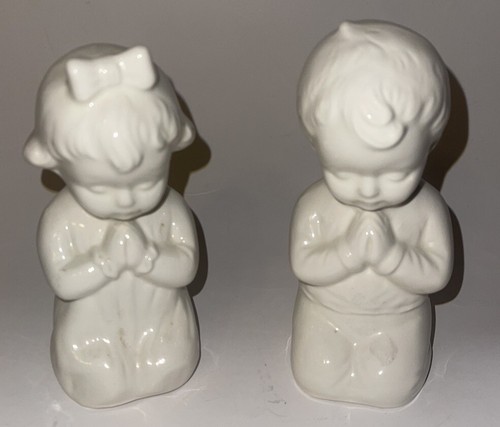 VTG Ceramic Blow Mold White Glossy Boy Girl Praying Set Handmade 1989
