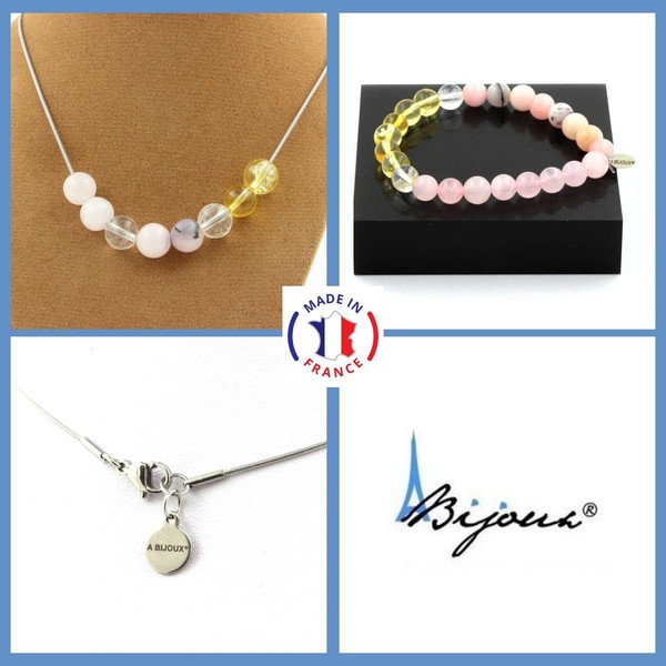 Steine Und MinéRaux. Satz Armband Halskette Perlen Opal Rosa + Rosenquarz-image