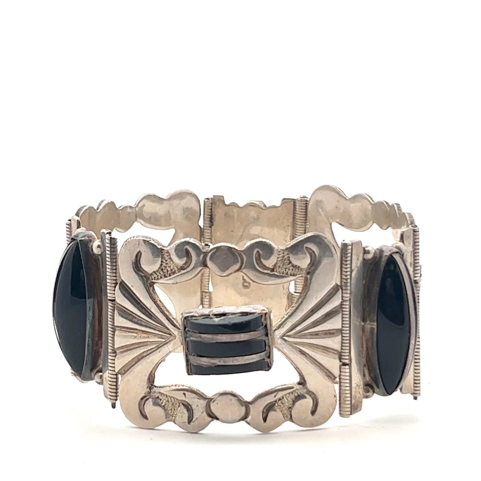 Mexico Argento Sterling Antico Scorrere Onice Nera Bracciale - Immagine 2 di 4
