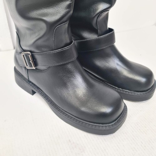 boohoo Wide Fit Double Buckle Chunky Knee High Biker Boots Black UK 4 EU 37 - Imagen 5 de 11