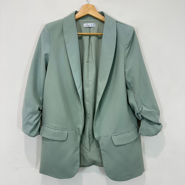 Ally Blazer Women AU 8 Green Open Front Ruched Sleeve Lined