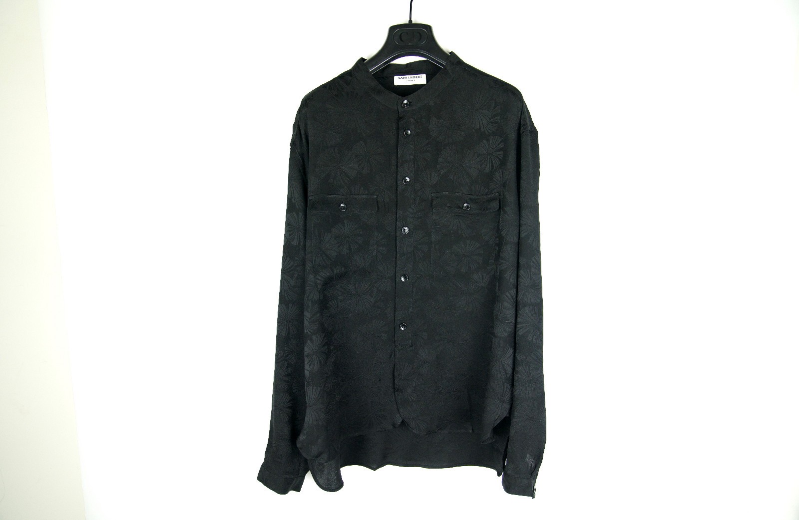 Camicia SAINT LAURENT Paris nera jacquard ventagli di palma colletto mandarino seta grande L