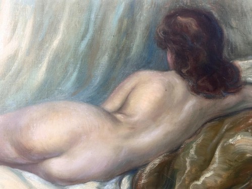 Beau Tableau ancien portrait nue jeune femme dos sofa art déco CARDINAL huile - Photo 6/10