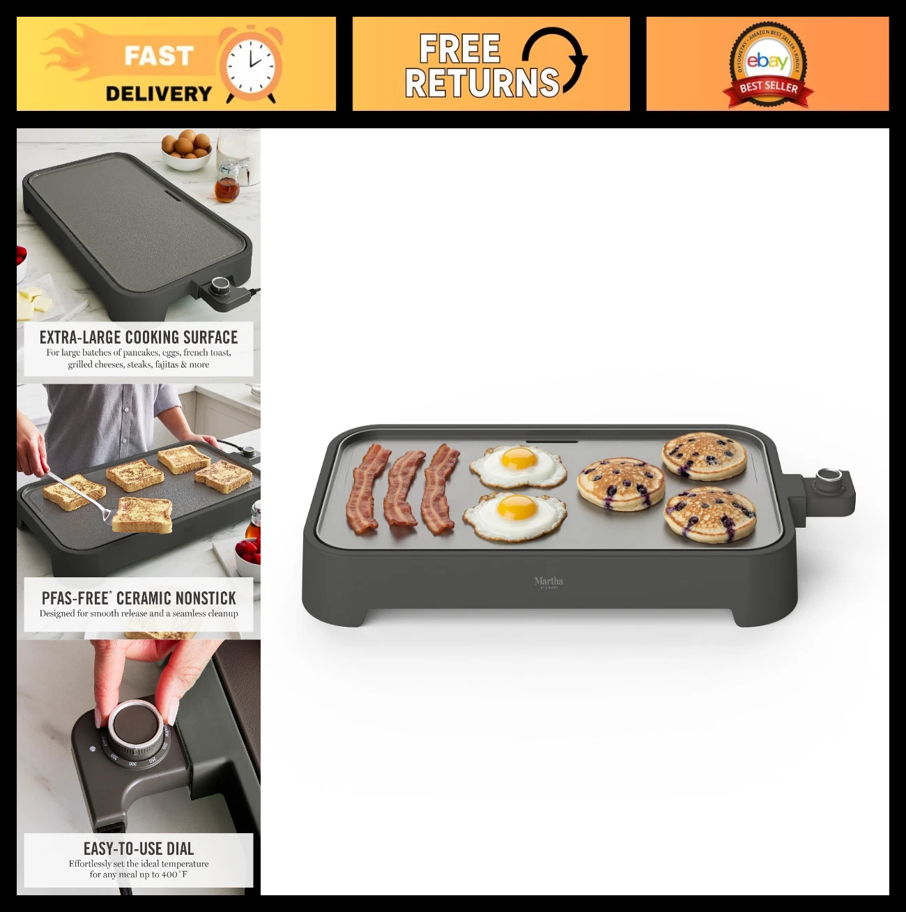 12" x 22" Electric Griddle - XL Nonstick Flat Top, Adjustable Temp, Fast Heating