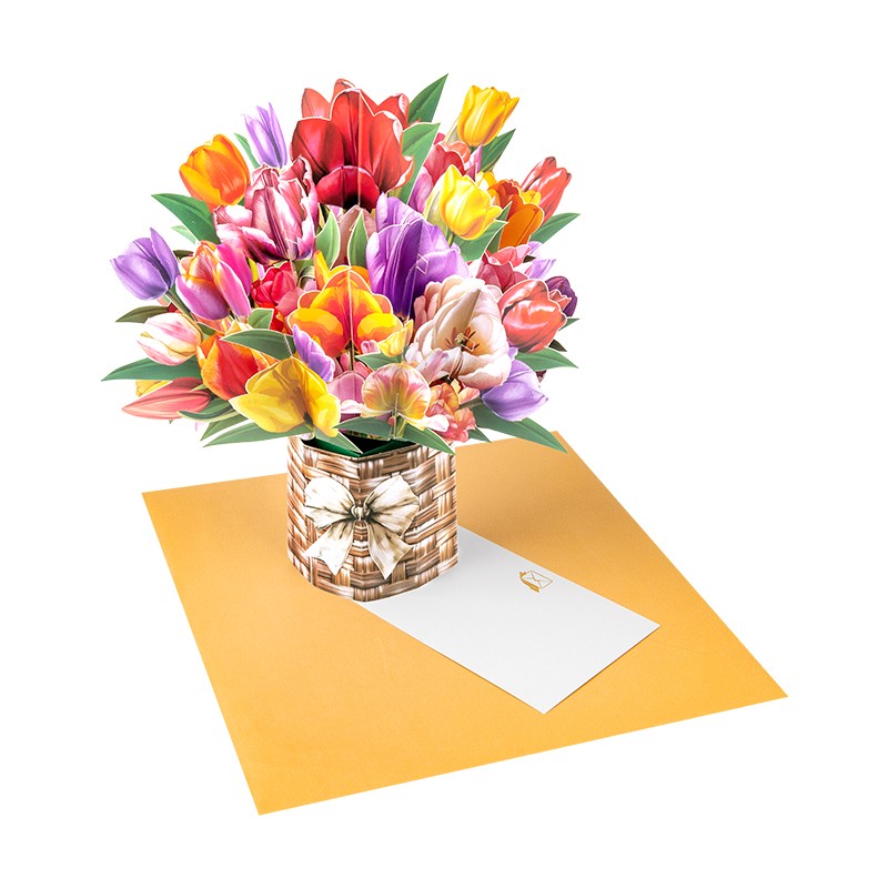 Petals of Joy Tulip Basket 3D Pop Up Greeting Card - Mother's Day Anniversary