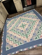 79"x79  Old VTG Handmade Hand Stitch Diamond Log Cabin Patchwork Quilt Cottage