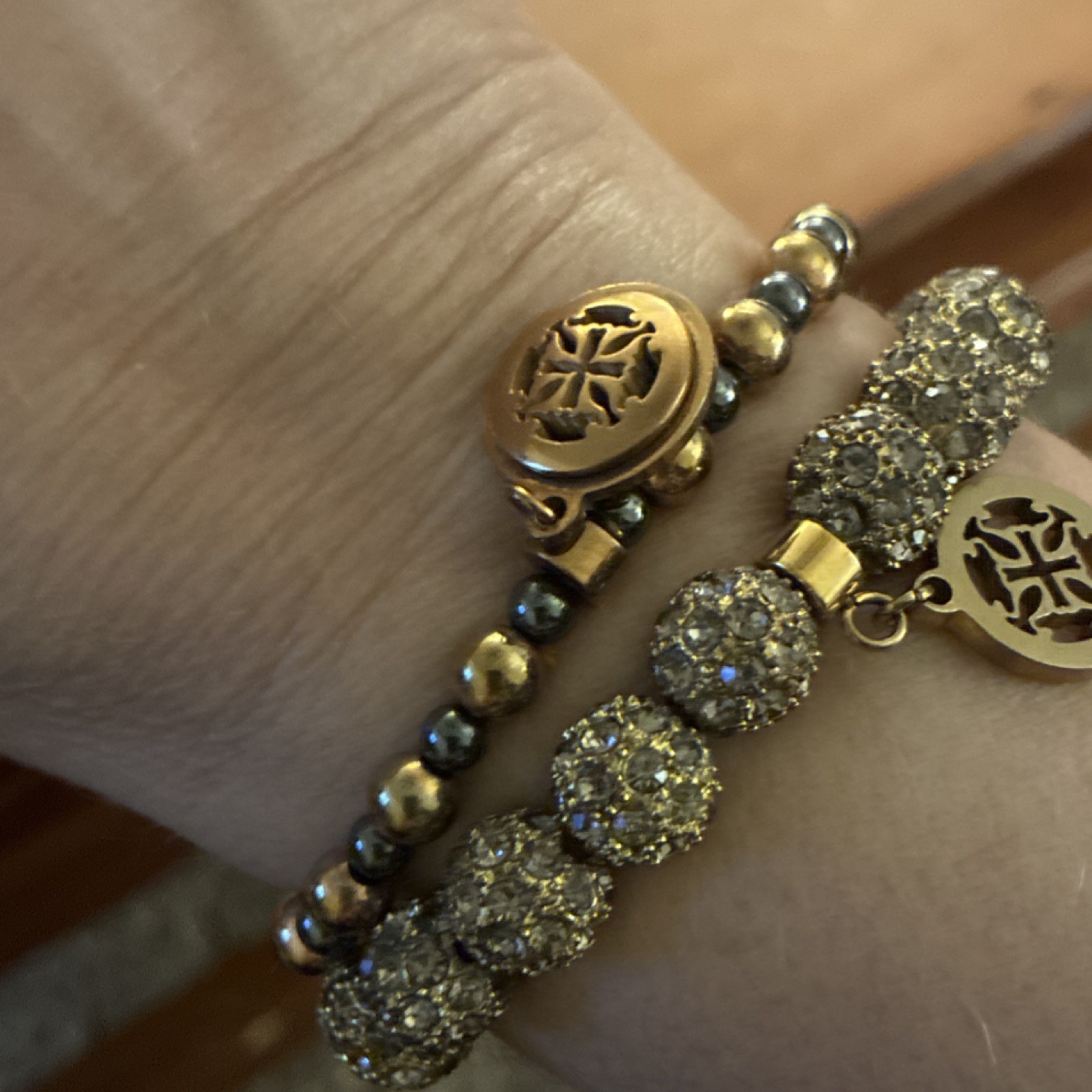 Rustic Cuff Bracelet stack-Crystal Pave & Gold Be… - image 1