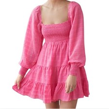Urban Outfitters Pink Smocked Square Neck Tiered Long Sleeve Mini Dress M
