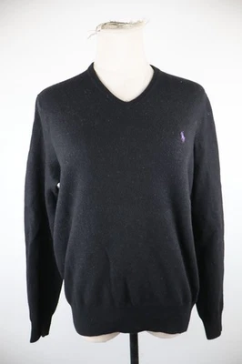 Polo Ralph Lauren Pull Femme Vintage Laine Noir M Logo Tinte Unie Scollo V - Photo 1/4