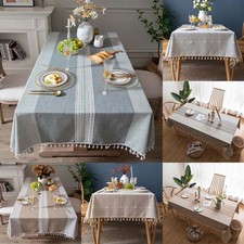 UK Rectangle Cotton Linen Tablecloth Striped Fringed Table Cloth Home Dust Cover