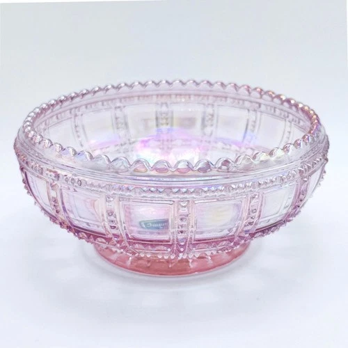 Imperial Lenox Vintage Pink Carnival Opalescent Bowl Beaded Sawtooth Rim Footed