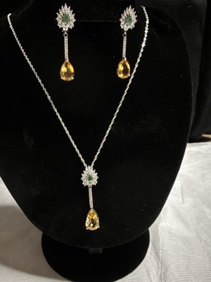 Natural Citrine Gemstone&Emerald Set 925  Silver Necklace20  Ring 7 & Earrings