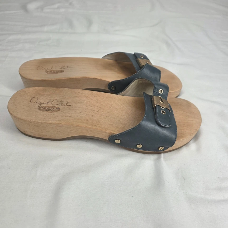 DR SCHOLL'S ORIGINAL EXERCISE WOODEN SANDALS Blue LEATHER CLOGS SLIP ON SHOEs 10 - Image 3 of 4
