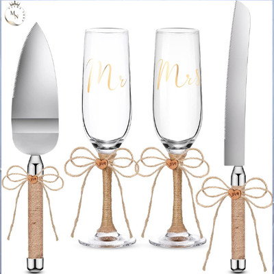 4 Pcs Wedding Cake Knife and Champagne Flutes Server Set For Bride