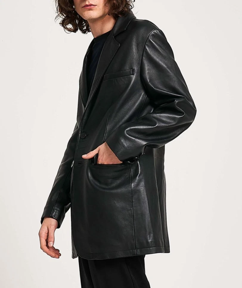 Black Leather Blazer Men Pure Lambskin Coat Jacket 2 Button Size S M L XL XXL