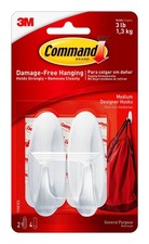 Command Medium Designer Hooks, 2 Hooks and 4 Strips, Medium, White 1.75 per strip