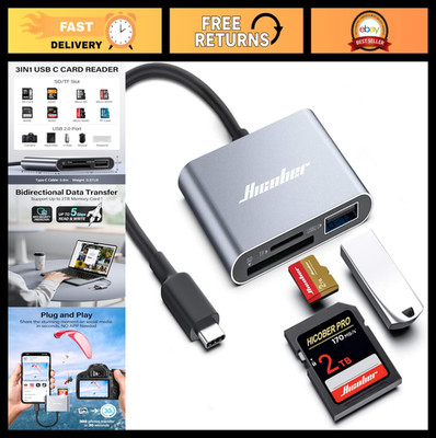 3-in-1 USB-C SD Card Reader, 2TB Support, USB 2.0, Compatible with Phones & Lapt