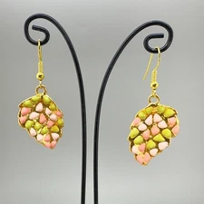 Rose Lady Real Hibiscus Leaf Earrings 24k Gold Dipped Hand Painted Pink Green