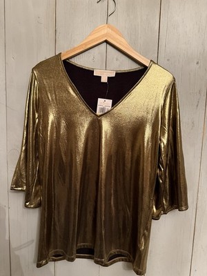 Michael Kors Shirt Womens M Gold Metallic V Neck Ladder Sleeve Party Top NWT F29