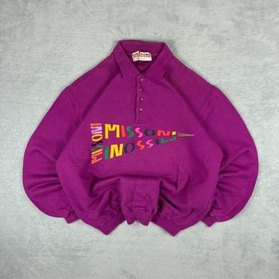 Damen Vintage Missoni 80er Jahre lila Spellout Logo Gr. 42 / Medium Knopfleiste Pullover