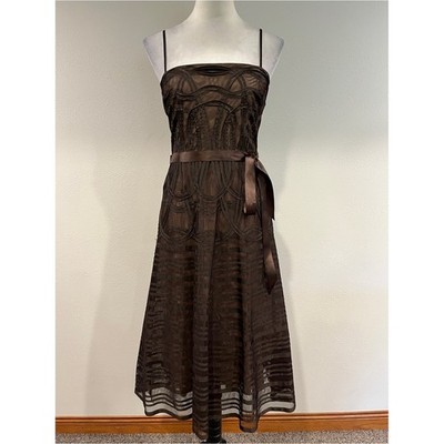bcbgmaxazria brown dress BCBGMaxAzria Brown Mesh Midi Dress with Satin Ribbon