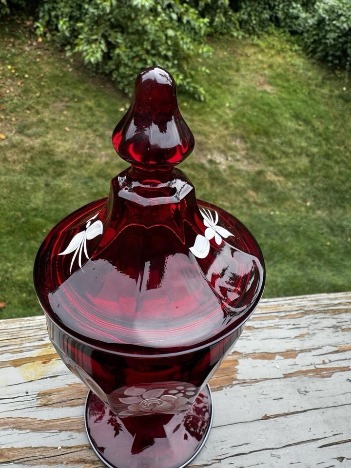 Vintage Westmoreland Ruby Red Glass Covered Jar w/Lid Hand Painted Floral Signed - Image 3 of 4