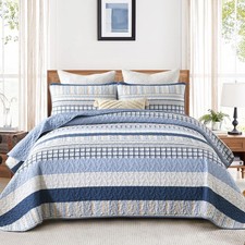 Djy Navy Blue Striped Quilt King Size Boho Blue Tan Striped Bedspread Coverlet