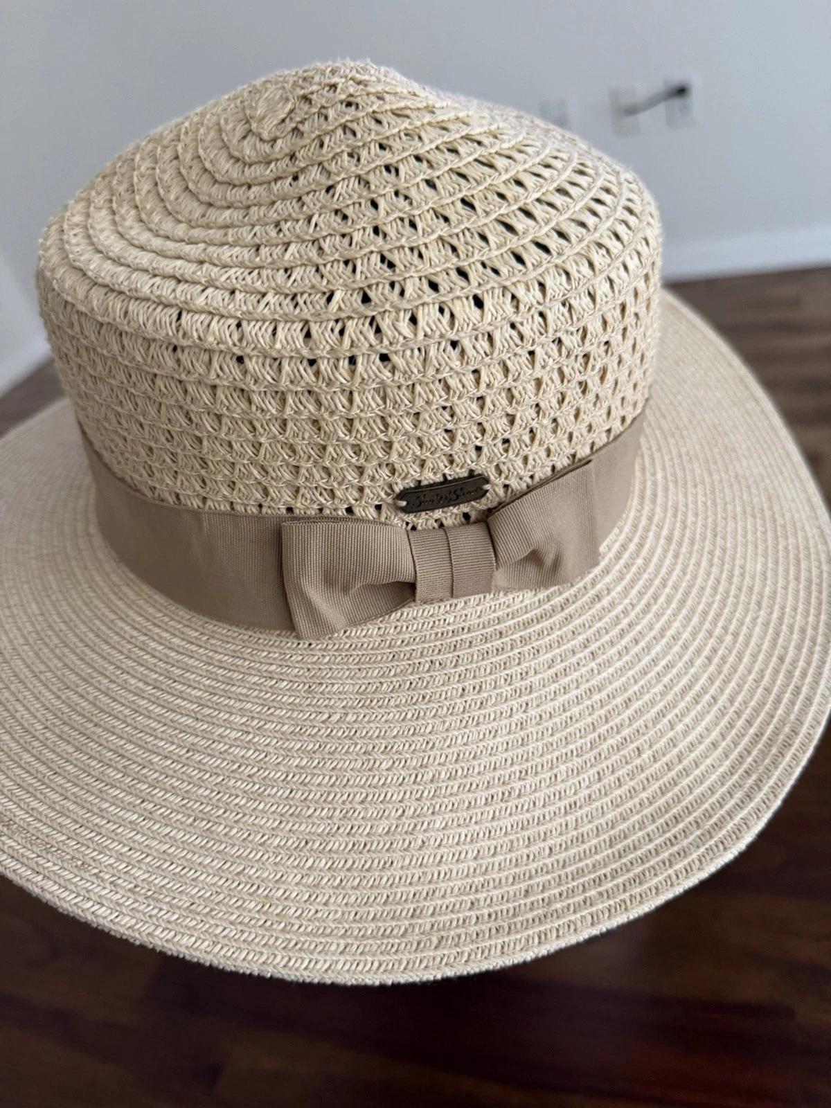 Sun N Sand Straw boaterWide Brim Sun Hat Beige Bow Accent Women’s One Size