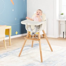 3 in 1 Convertible Baby High Chair Wooden Toddler Highchair w/ PU Cushion Beige
