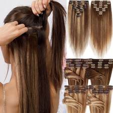 Clip In Real Remy Human Hair Extensions 8PCS Full Head Highlights Balayage Ombr 