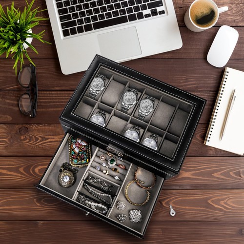 12 Slot Watch Box Case Lockable with Glass Lid, 2 Layers Watch Holder Organiz... - Picture 6 of 7