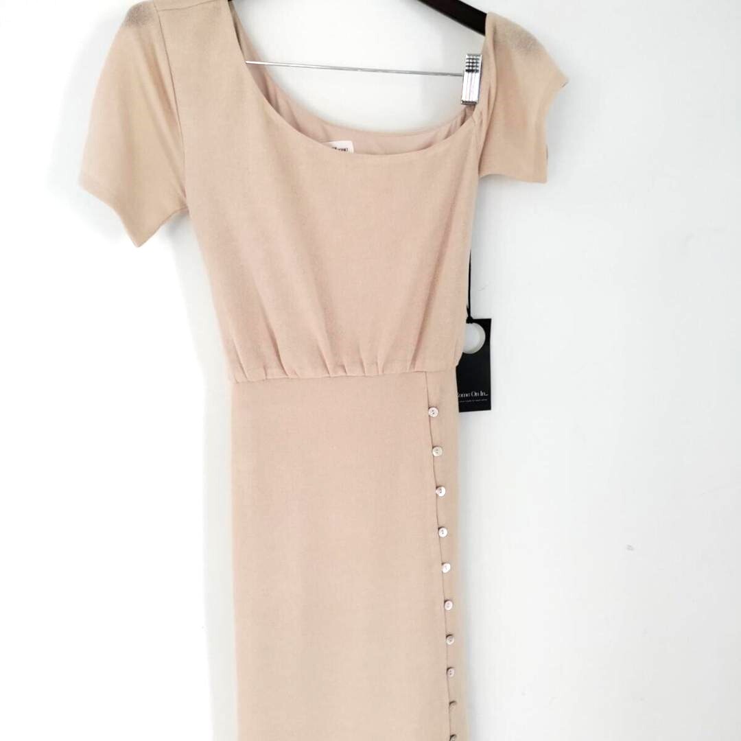 NWT Short Sleeve Beige Belted Button Lined Split Midi Party Wedding Y2K Dress S image 9