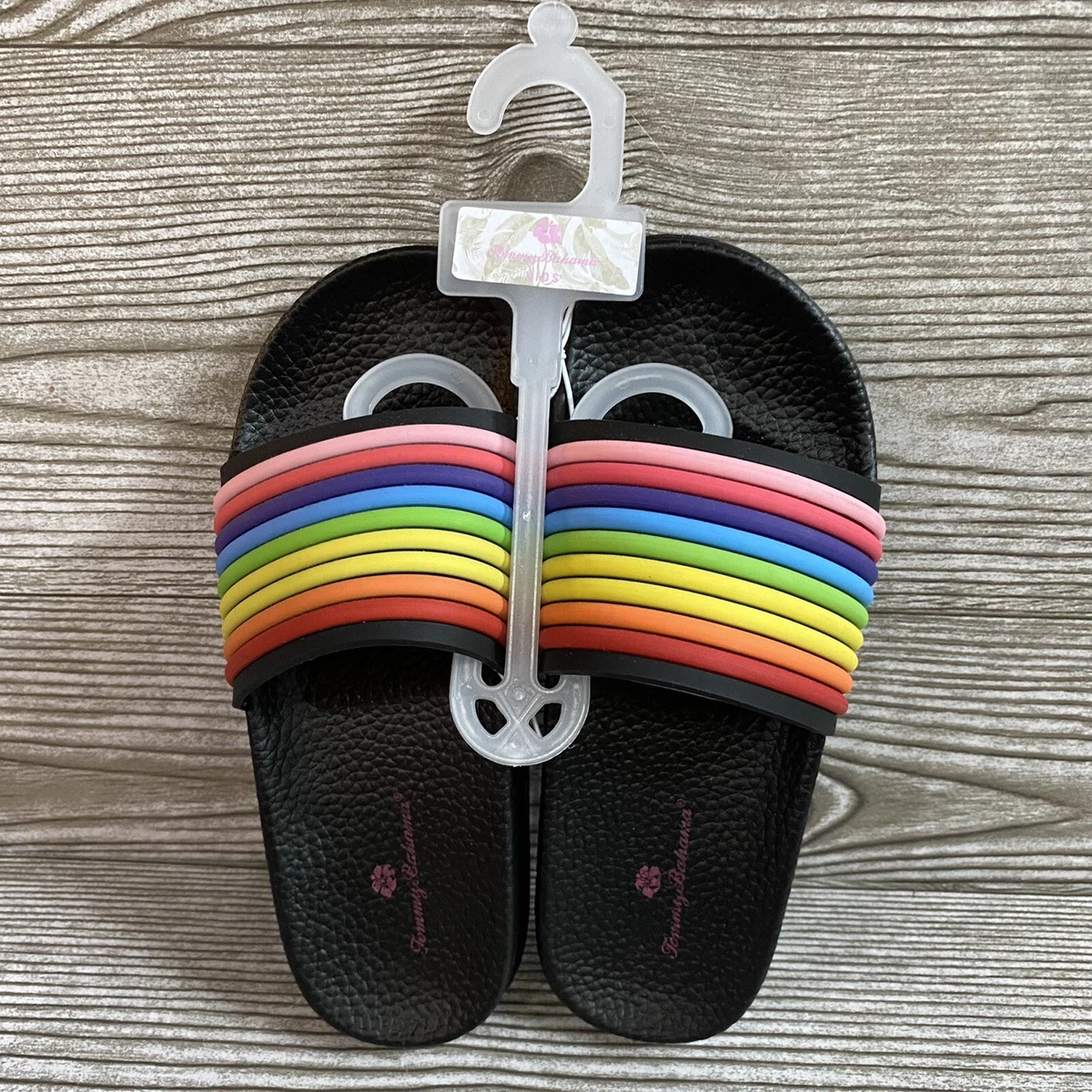 Tommy Bahama Kids Girls Black Rainbow Slides Sandals Multiple