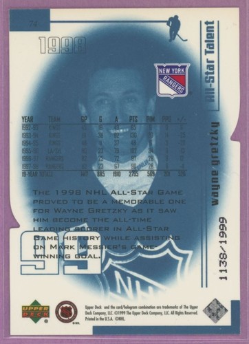 1999-00 UD LIVING LEGEND YEAR OF THE GREAT ONE BLUE WAYNE GRETZKY #74 1138/1999 - Foto 2 di 2