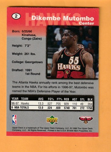 Dikembe Mutombo Atlanta Hawks 1998-99 Kellogg's NBA/WNBA #2 HOF Georgetown - Imagen 2 de 2