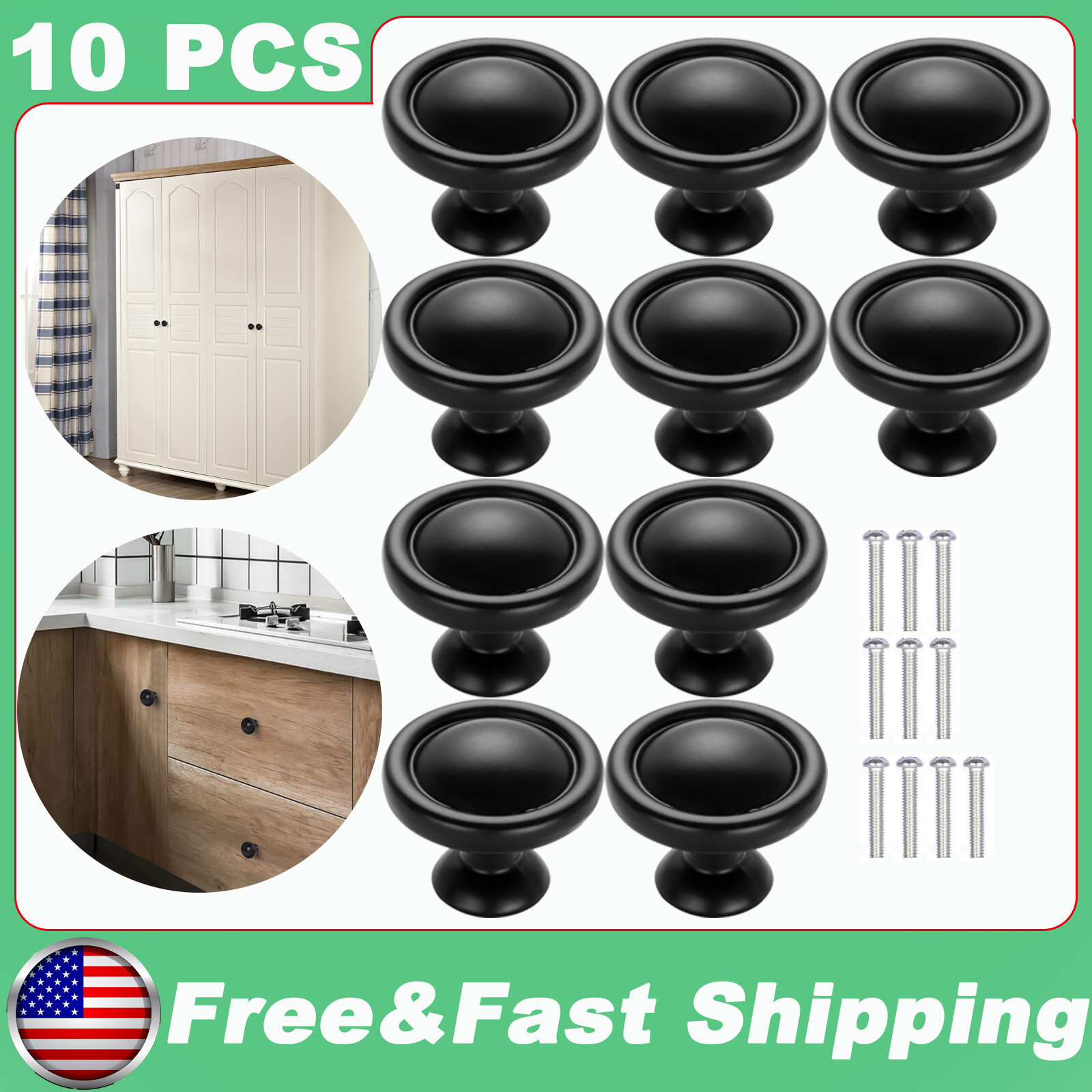 10 PCS Cabinet Knobs Hardware Bedroom Kitchen Drawer Cupboard Handle Pulls Black